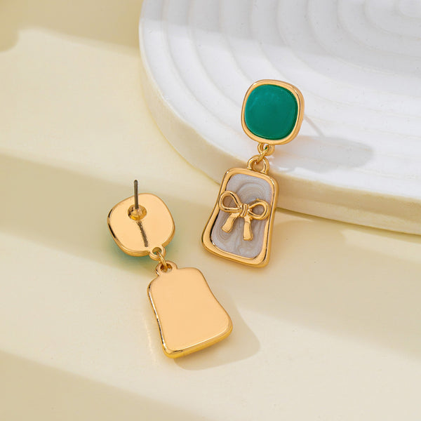 Green Stone and Enamel Bow Drop Earrings | 80E62967