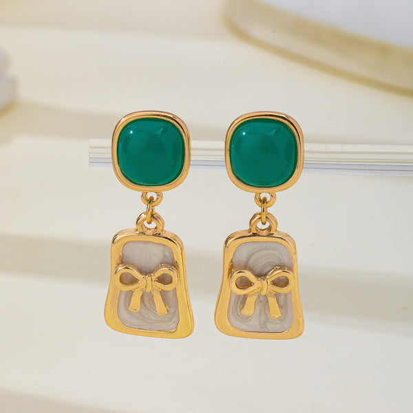 Green Stone and Enamel Bow Drop Earrings | 80E62967
