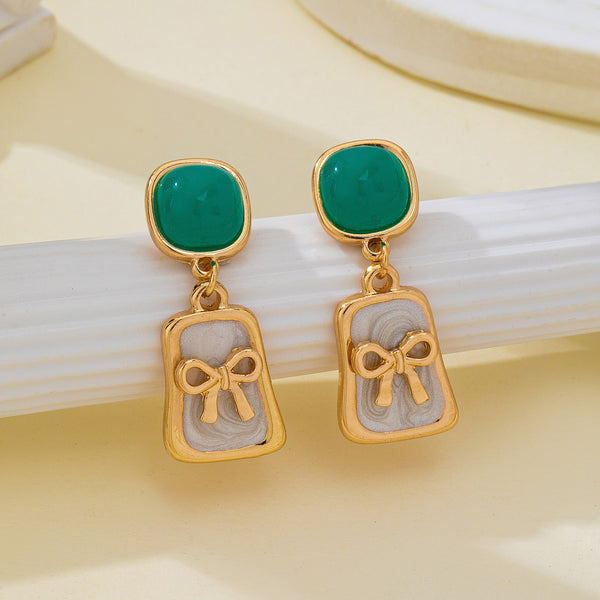 Green Stone and Enamel Bow Drop Earrings | 80E62967
