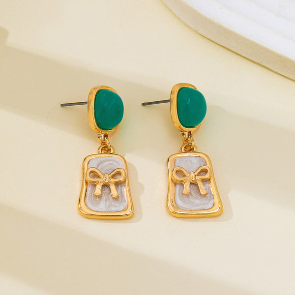 Green Stone and Enamel Bow Drop Earrings | 80E62967