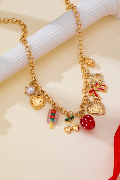 Strawberry Bow Heart Cherry Multi Charm Necklace | 80N93515