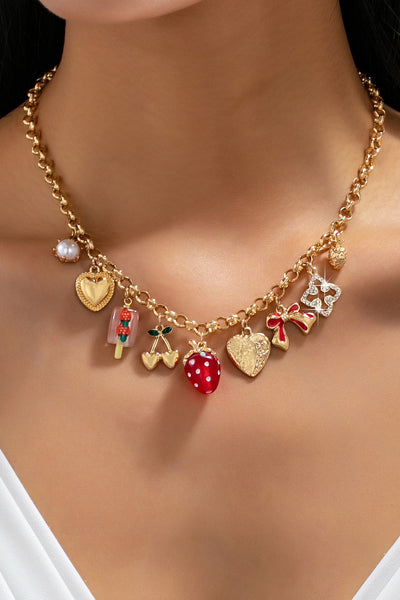 Strawberry Bow Heart Cherry Multi Charm Necklace | 80N93515
