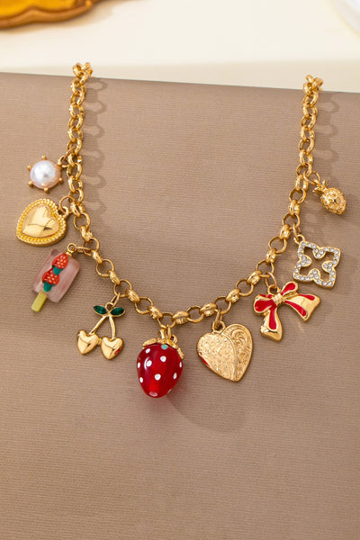 Strawberry Bow Heart Cherry Multi Charm Necklace | 80N93515