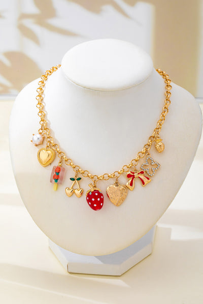 Strawberry Bow Heart Cherry Multi Charm Necklace | 80N93515