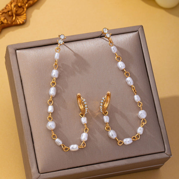 Pearl Chain Double Piercing Drop Earrings | 80E63020