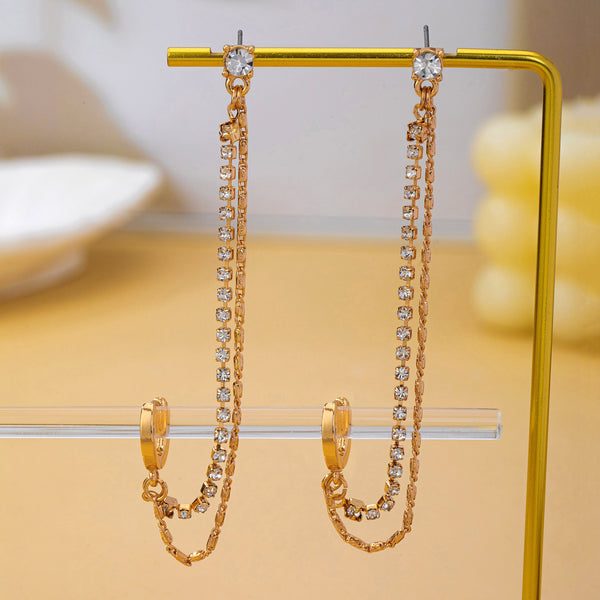 Rhinestone & Gold Double Chain Drapes Drop Earrings|80E63021