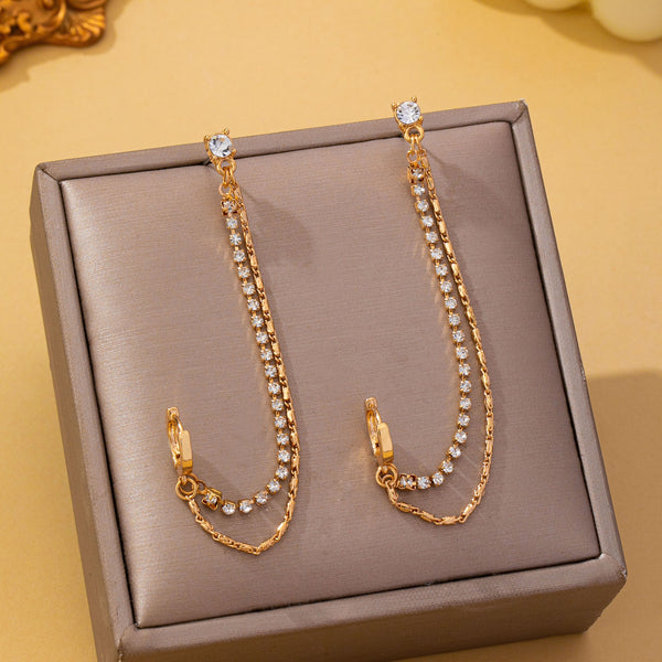 Rhinestone & Gold Double Chain Drapes Drop Earrings|80E63021