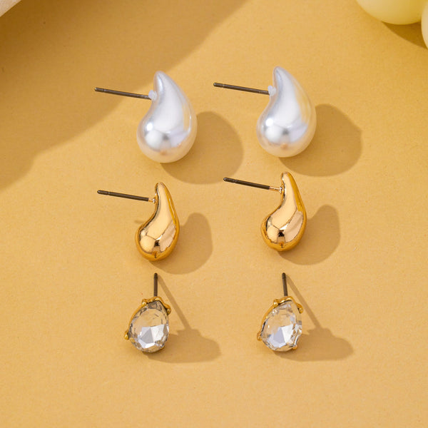 Teardrop Crystal Gold Pearl Trio Stud Earring Set | 80E63015