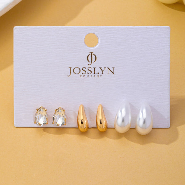 Teardrop Crystal Gold Pearl Trio Stud Earring Set | 80E63015