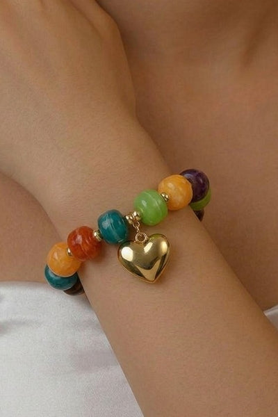 Colorful Resin Beaded Heart Charm Bracelet | 40B5273