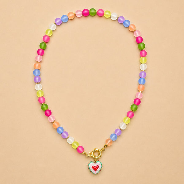 Multi Frosted Glass Bead & Enamel Heart Necklace | 40NK9766