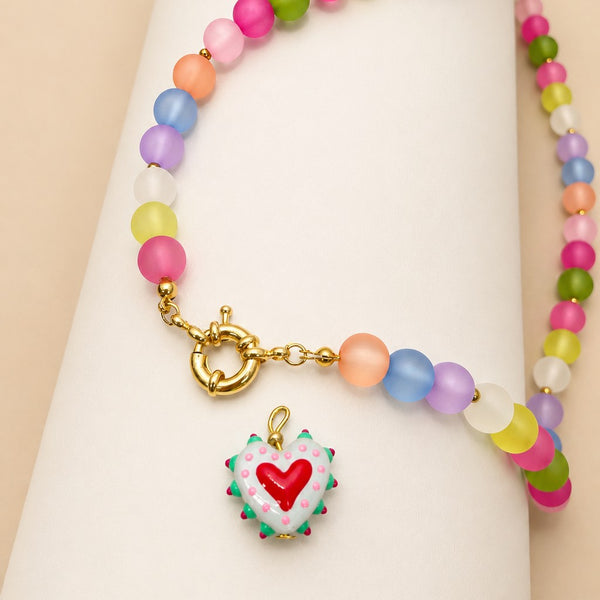 Multi Frosted Glass Bead & Enamel Heart Necklace | 40NK9766