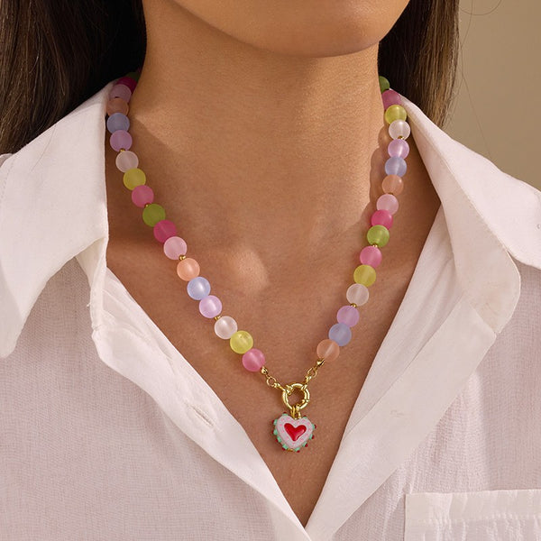 Multi Frosted Glass Bead & Enamel Heart Necklace | 40NK9766