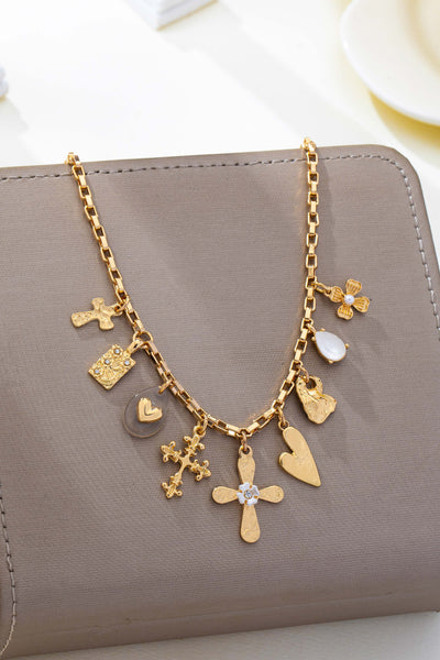 Vintage Gold Cross & Heart Charm Necklace | 80N93637