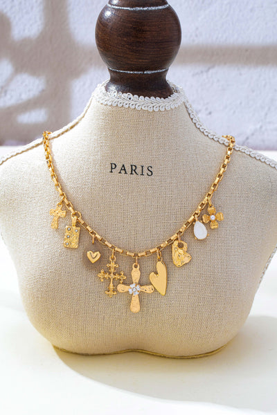 Vintage Gold Cross & Heart Charm Necklace | 80N93637