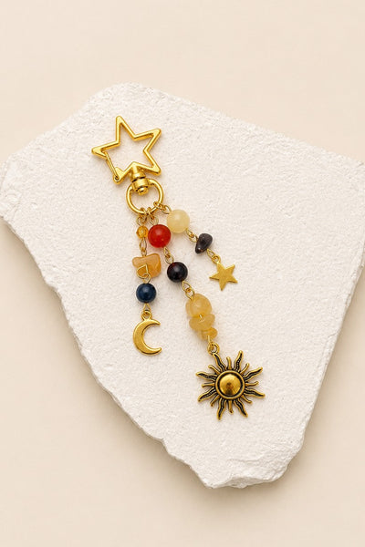 STAINELESS STEEL CELESTIAL SUN MOON STAR BEADED BAG CHARM | 40KC188