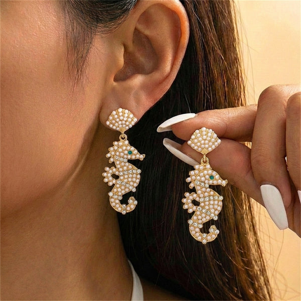 Oceanic Pearl & Rhinestone Seahorse Drop Earrings | 40E547