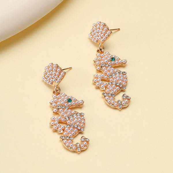 Oceanic Pearl & Rhinestone Seahorse Drop Earrings | 40E547