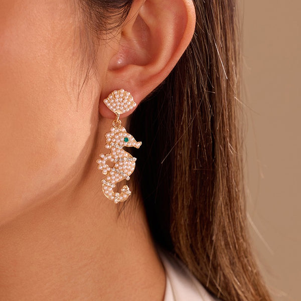 Oceanic Pearl & Rhinestone Seahorse Drop Earrings | 40E547