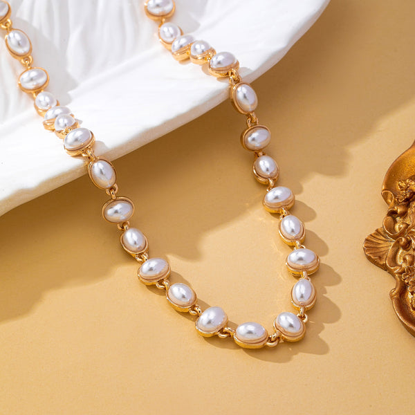 Bezel-Set Oval Faux Pearl Link Station Necklace | 80N93655