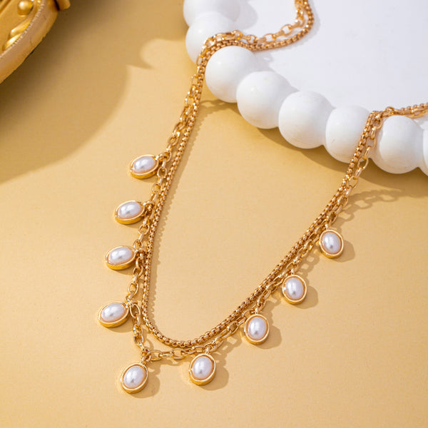 Layered Gold Chain Pearl Charm Necklace | 80N93660