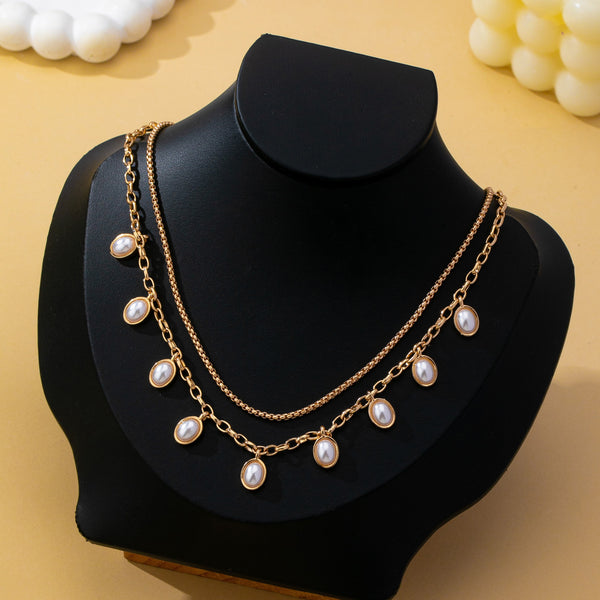 Layered Gold Chain Pearl Charm Necklace | 80N93660