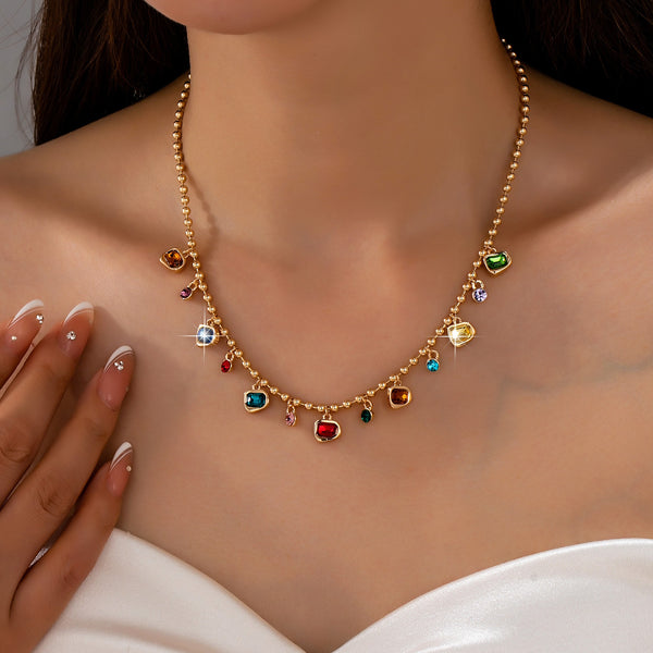 Brass Multi-Color Glass Gem Charm Chain Necklace | 80N93682