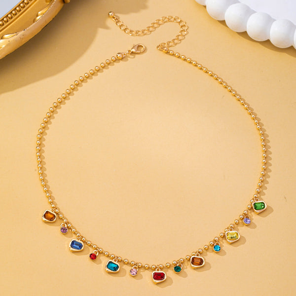 Brass Multi-Color Glass Gem Charm Chain Necklace | 80N93682