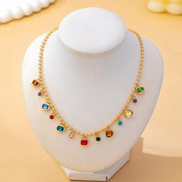 Brass Multi-Color Glass Gem Charm Chain Necklace | 80N93682