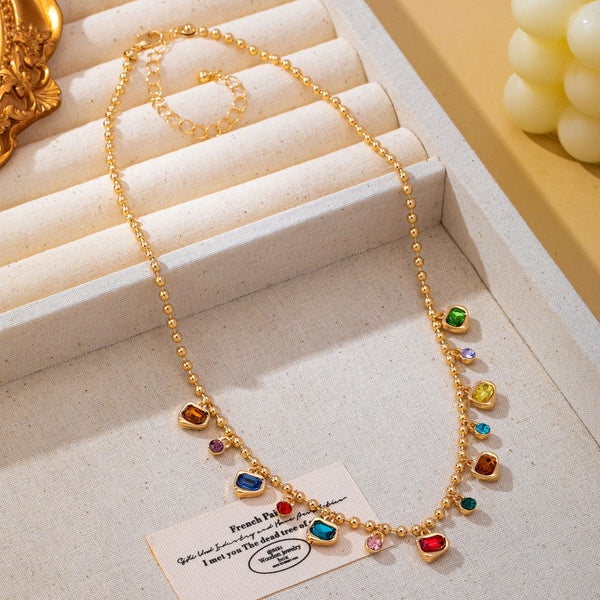 Brass Multi-Color Glass Gem Charm Chain Necklace | 80N93682
