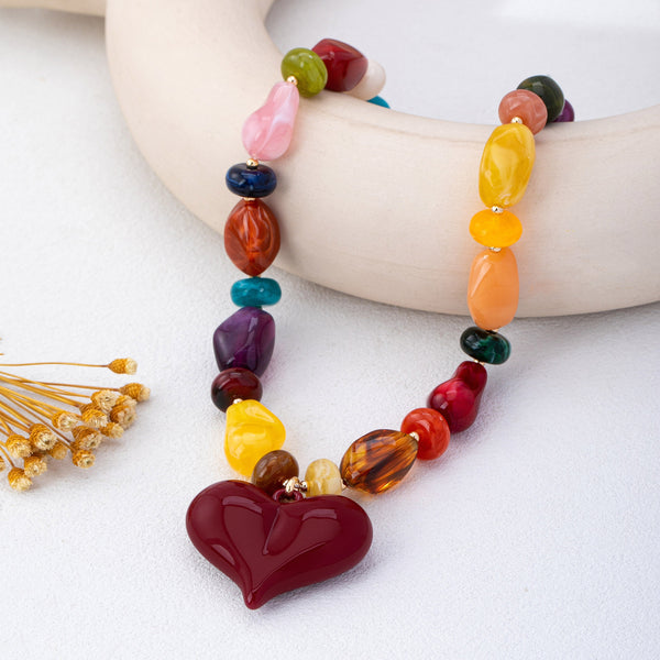 Chunky Multicolor Bead Heart Pendant Necklace | 80N93690