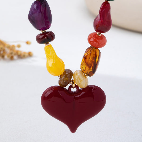 Chunky Multicolor Bead Heart Pendant Necklace | 80N93690