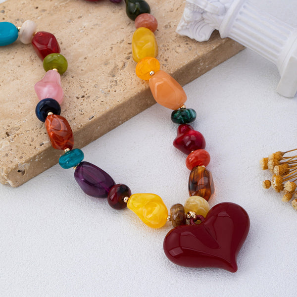 Chunky Multicolor Bead Heart Pendant Necklace | 80N93690