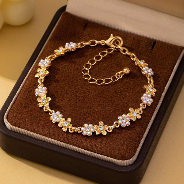 Pearl and Rhinestone Flower Link Bracelet | 80B1898
