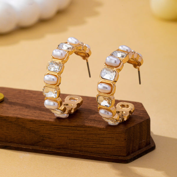 Alternating Pearl and Rhinestone Hoop Earrings | 80E63136