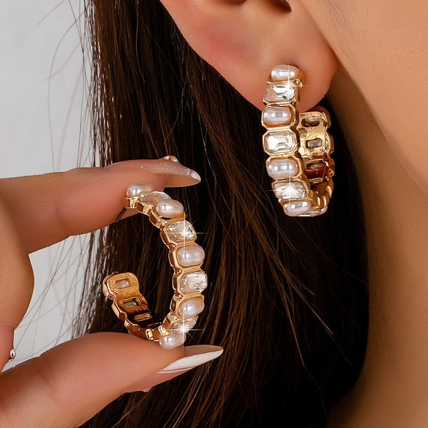 Alternating Pearl and Rhinestone Hoop Earrings | 80E63136
