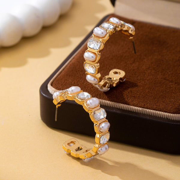 Alternating Pearl and Rhinestone Hoop Earrings | 80E63136