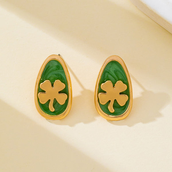 Green Enamel Four-Leaf Clover Stud Earrings | 80E63128