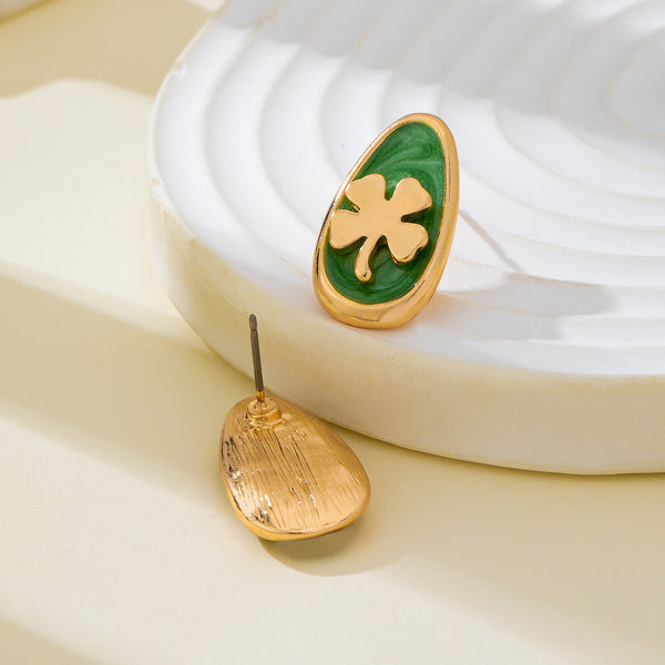 Green Enamel Four-Leaf Clover Stud Earrings | 80E63128