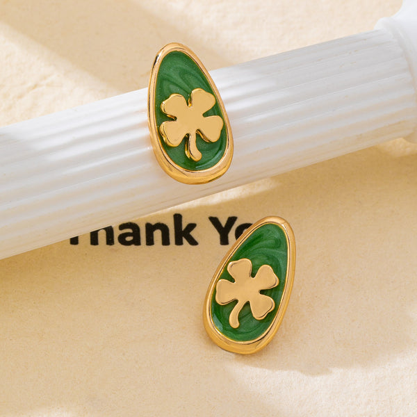 Green Enamel Four-Leaf Clover Stud Earrings | 80E63128