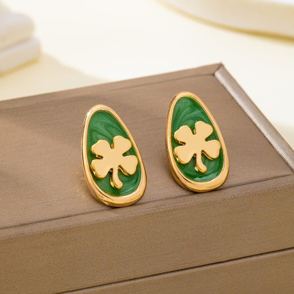 Green Enamel Four-Leaf Clover Stud Earrings | 80E63128