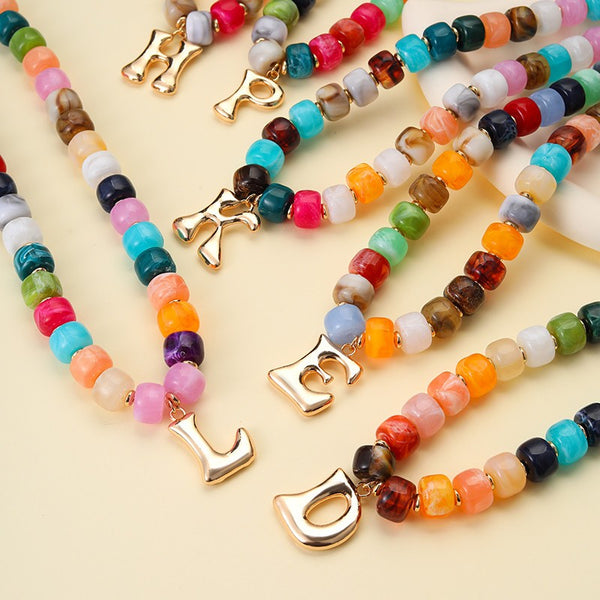 Multi Chunky Beaded Initial Charm Necklace Set | 40NK9655
