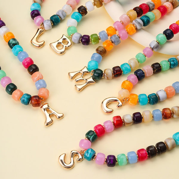 Multi Chunky Beaded Initial Charm Necklace Set | 40NK9655