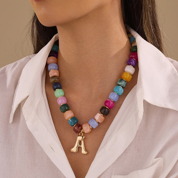 Multi Chunky Beaded Initial Charm Necklace Set | 40NK9655