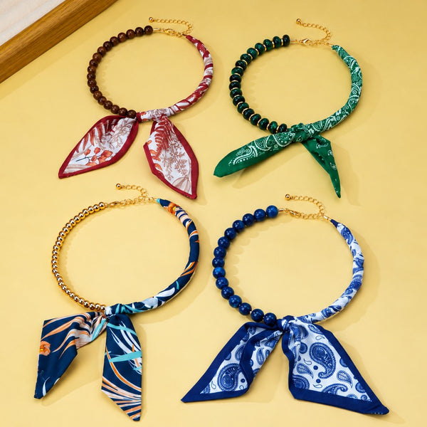 Silky Scarf & Beaded Strand Collar Choker Necklace| 80N93970