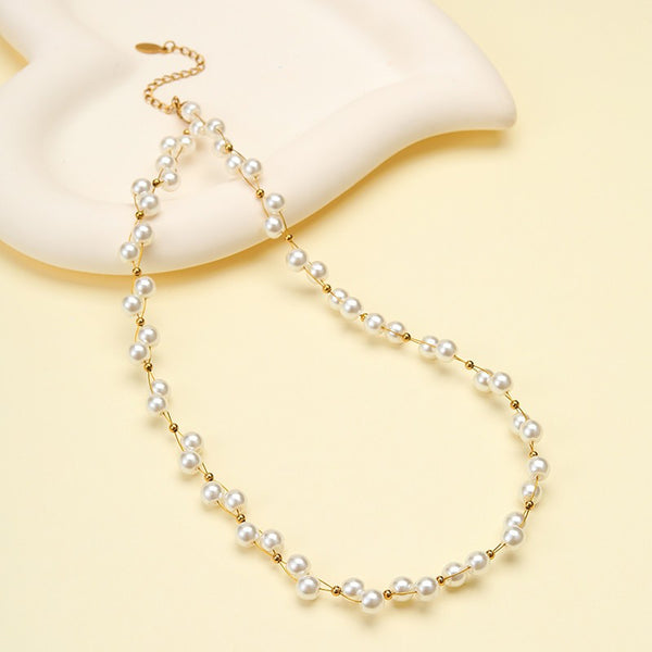 Faux Baroque Pearl & Gold Wire Station Necklace | 40NK9791