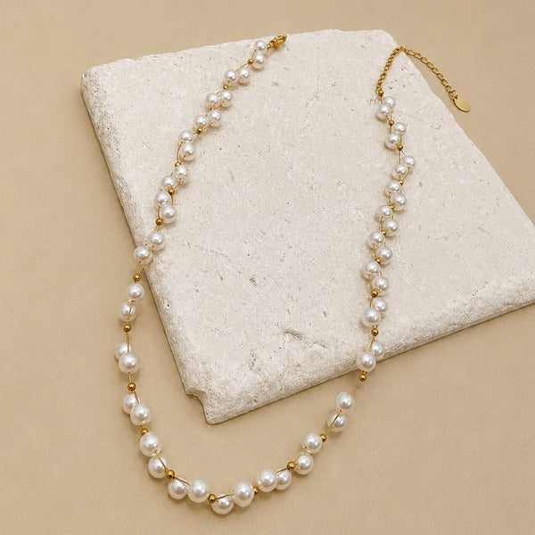 Faux Baroque Pearl & Gold Wire Station Necklace | 40NK9791