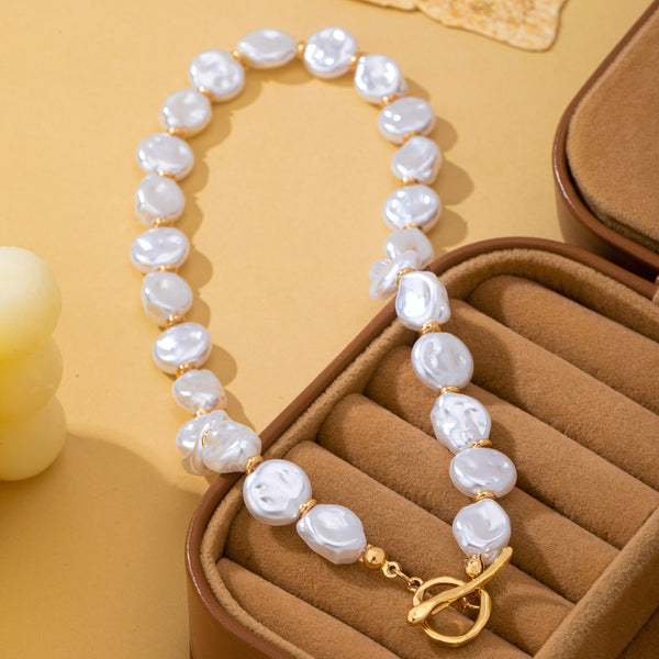 Faux Coin Pearl & Gold Spacer Bead Toggle Necklace|80N93728