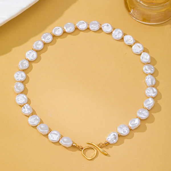 Faux Coin Pearl & Gold Spacer Bead Toggle Necklace|80N93728