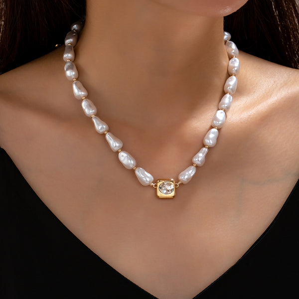 Faux Baroque Pearl & Bezel-Set Crystal Necklace | 80N93781